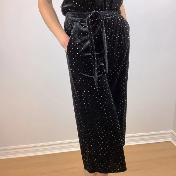MICHAEL KORS BLACK VELVET GOLD DOTS WIDE LEG JUMPSUIT S - Picture 7 of 12